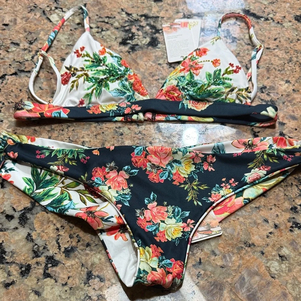 Agua Bendita beaded Agua Gypsy Lola Floral Bikini NWT